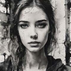 Black and white young girl face, abstract grunge watercolor illustration