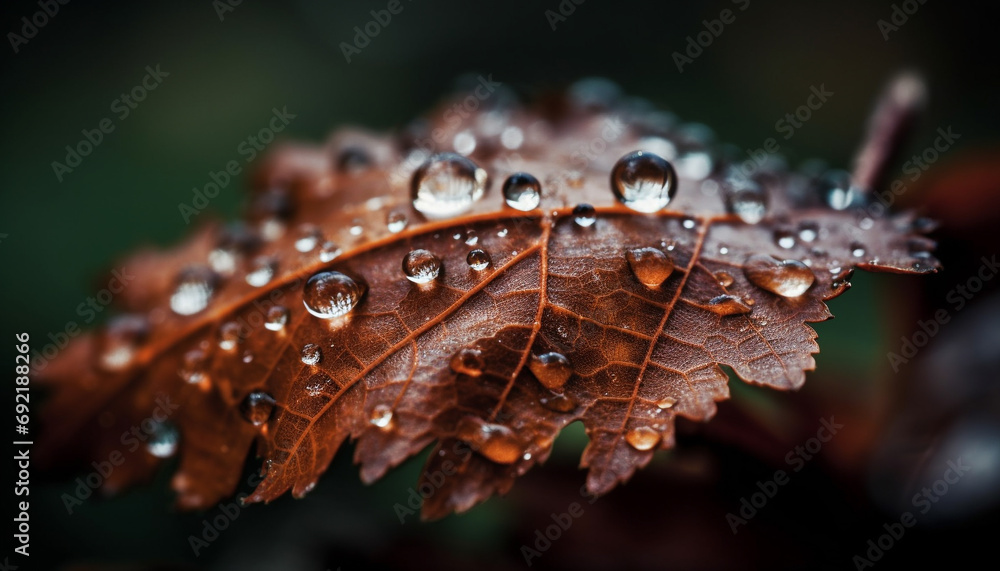 Poster freshness of autumn dew on green leaf in close up generative ai
