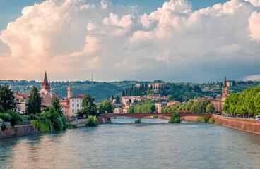 Verona skyline, seen from Ponte Aleardo Aleardi, a bridge that spans river Adige. Verona is a...
