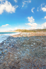 Plastic waste on a beach in Crete, Greece