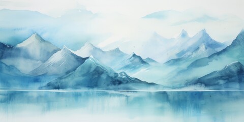  Icy Winter Snowy Mountain Landscape Watercolor Painting with Lake and Clouds - Wall Art - Poster - Printable - Print - Wallpaper - Background - Artwork 