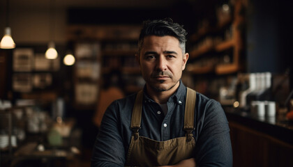 Confident young barista standing indoors, looking at camera, smiling generative AI