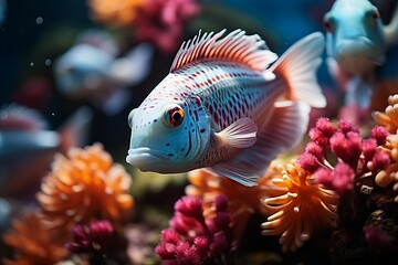 Obraz premium A tropical fish with bright blue and red colors swims among the coral reef in an aquarium. Concept: marine life breeding and care.