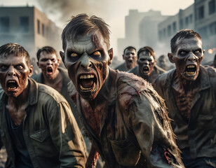 a zombie mob attacks a suburban town - generative AI - obrazy, fototapety, plakaty
