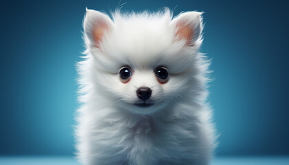 Cute small puppy sitting, looking at camera with blue eyes generated by AI