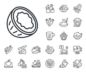 Tasty nut sign. Crepe, sweet popcorn and salad outline icons. Coconut line icon. Vegan food symbol. Coconut line sign. Pasta spaghetti, fresh juice icon. Supply chain. Vector
