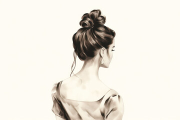 Woman with updo hairstyle, view from the back, retro-vintage drawing art. Grace and poise.