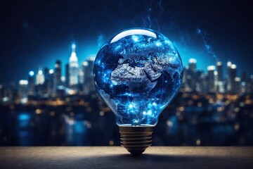 Light bulb with earth globe on city background. Technology inspiration. Alternative energy concept.  - obrazy, fototapety, plakaty