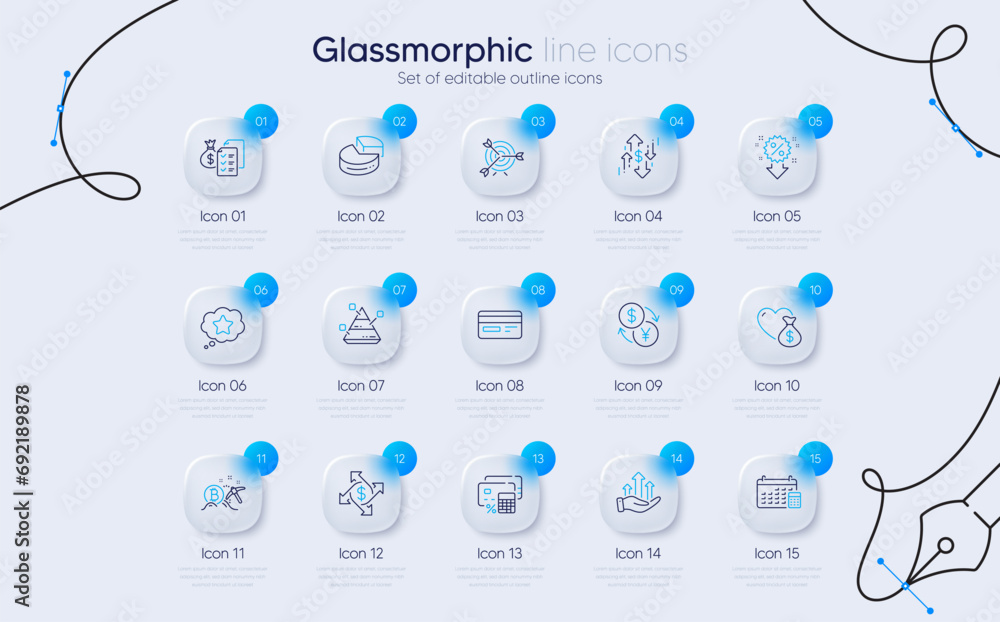 Poster set of target, bitcoin mining and pyramid chart line icons for web app. pie chart, calendar, account