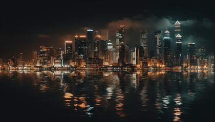 Illuminated city skyline reflects on waterfront at dusk, a futuristic landscape generative AI