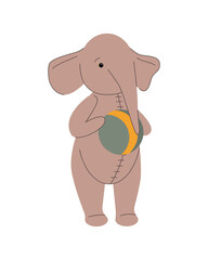 Cute toy elephant with ball Baby vintage toy isolated on white background