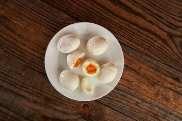 Soft boiled eggs in flat lay