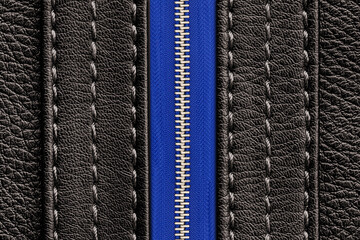 Black leather jacket background. Blue zipper. Autumn clothing. Autumn winter fashion texture. Closed fastener. Zipped zipper. Thread sew. Fashion texture. Metal silver shiny zipper teeth background.