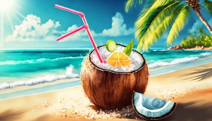 Refreshing coconut drink on the beach - obrazy, fototapety, plakaty