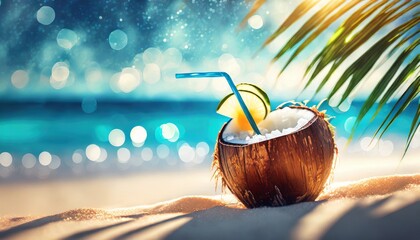 Refreshing coconut drink on the beach - obrazy, fototapety, plakaty