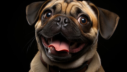 Cute puppy portrait, close up, looking at camera, black background generated by AI