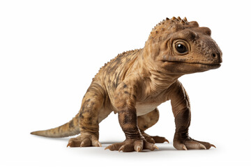 Obraz premium Cute Baby Dinosaur in Brownish Tan Hues, Playfully Posing on All Fours Isolated on a White Background