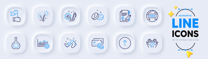 Cognac bottle, Swipe up and Fake news line icons for web app. Pack of Copywriting, Fireworks, Operational excellence pictogram icons. Medical tablet, Leadership, Coffee signs. Money. Vector