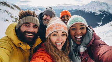 A cheerful group of friends in the snowy mountains laugh and take selfies. Friendship and relationships. Multinational.