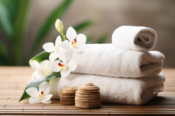 Beautiful spa composition on massage table in wellness center