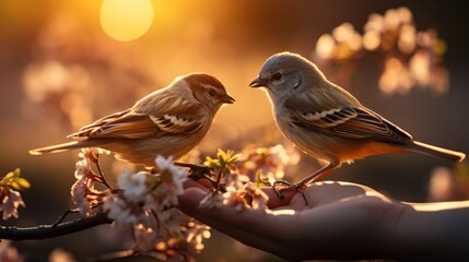 Sparrows feed from the hand against the backdrop of spring blossoms, Concept: birds in the wild and the harmony of human interaction with nature. Animal care - obrazy, fototapety, plakaty