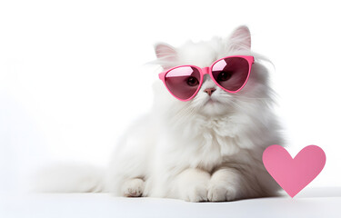 Obraz premium white cat with glasses red shape heart on white background