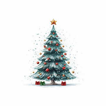 Grün rot geschmückter Weihnachtsbaum mit Geschenken vor weißem Hintergrund