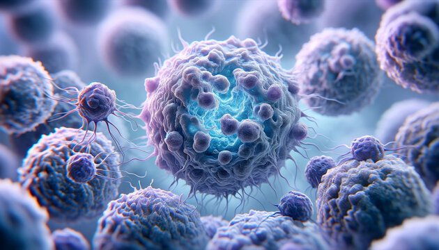 High-definition, wide-format illustration of cancer cells with a color scheme of blue