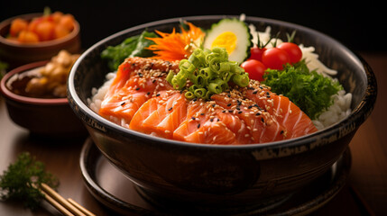 A close-up of Japanese food in a bowl on a table is a culinary window into the rich and diverse...