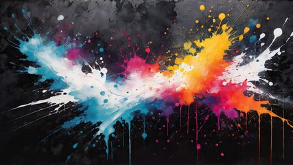 A chaotic, abstract grunge watercolor background with colorful splashes of paint, modern poster
