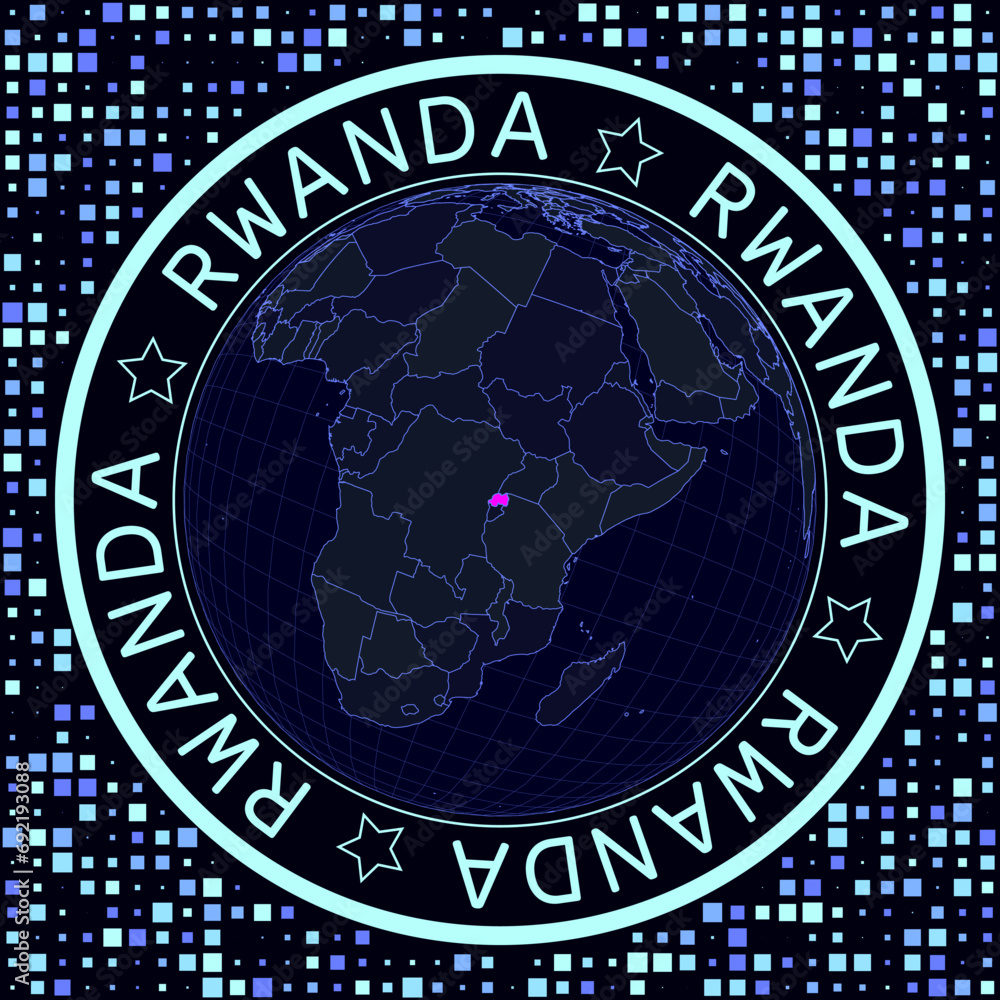 Poster rwanda on globe vector. futuristic satelite view of the world centered to rwanda. geographical illus