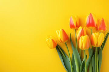 Beautiful colorful tulips on yellow background
