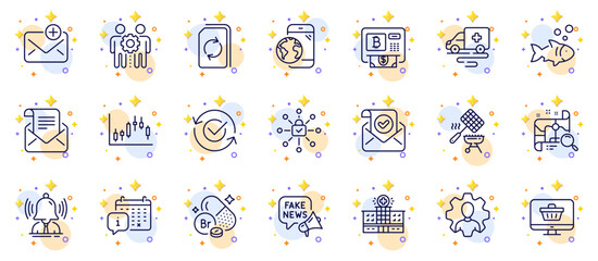 Outline set of Bitcoin atm, Update document and Candlestick graph line icons for web app. Include Fish, Employees teamwork, Calendar pictogram icons. Brand, New mail, Web shop signs. Vector - obrazy, fototapety, plakaty