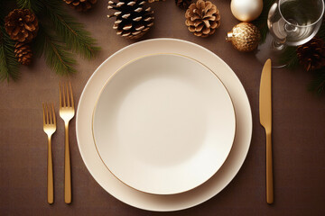 Christmas table setting with gold cutlery and white ceramic plate on light gray table background