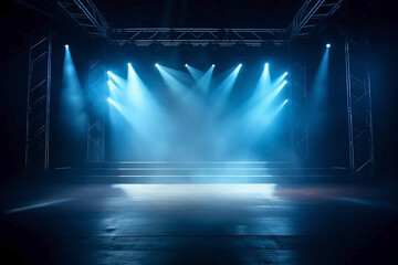 Empty dark stage with spotlights and blue light and fog. Dark background. NEON Light. Generative AI - obrazy, fototapety, plakaty
