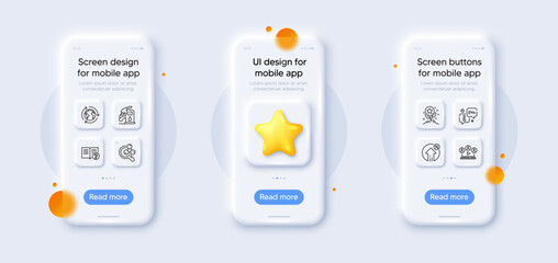 Outsourcing, Loan percent and Info line icons pack. 3d phone mockups with star. Glass smartphone screen. Petrol station, Help, Chemistry lab web icon. Vector