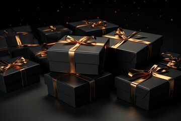 Black gift boxes on dark background, black friday discounts concept.