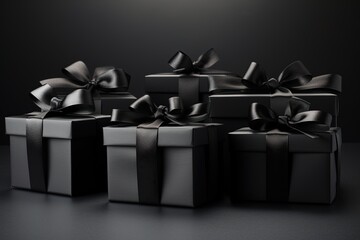 Black gift boxes on dark background, black friday discounts concept.