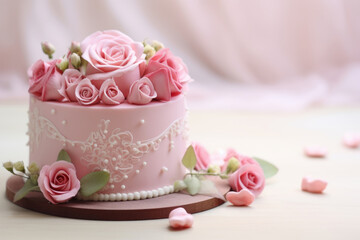 Valentine's Day cake decorated with flowers. Romantic love concept. Generative AI