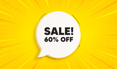 Sale 60 percent off discount. Speech bubble sunburst banner. Promotion price offer sign. Retail badge symbol. Sale chat speech message. Yellow sun burst background. Vector