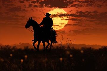 Silhouette of a cowboy riding a horse in a field.