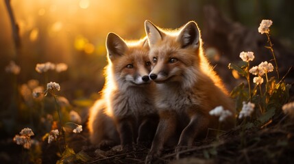 Two young fox cubs enjoy the rays of the spring sun in a forest clearing, surrounded by blooming flowers, Concept: publications about wildlife and environmental protection. Red cunning animals - obrazy, fototapety, plakaty