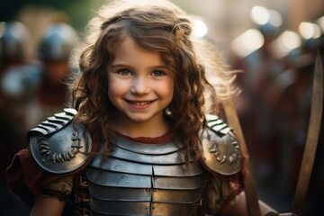 Portrait of a cute little girl in knightly armor, outdoor