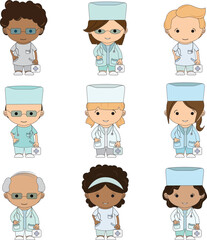 Set Illustrations medical personnel, doctor, nurse, health, medicine. Collection Medical characters. Cute doctors, stomatologs and nurses. Men and women are avatars. Vector flat