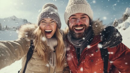 Couple man and woman at a ski resort. Travel and recreation, entertainment and vacation. Active lifestyle. Relationships.