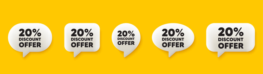 20 percent discount tag. 3d chat speech bubbles set. Sale offer price sign. Special offer symbol. Discount talk speech message. Talk box infographics. Vector