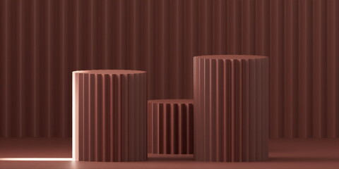 Product Podium - Brown Podium, Brown Background. 3D Illustration. Light coming from left window
