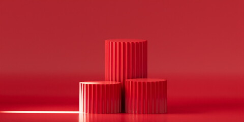 Product Podium - red Podium, red Background. 3D Illustration. Light coming from left window
