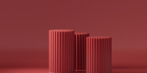  Product Podium - Thre pastel red Podiums, pastel red Background. 3D Illustration
