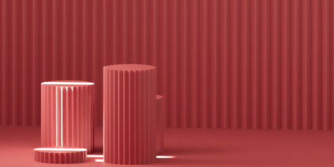 Obraz premium Product Podium - pastel red Podium, pastel red Background. 3D Illustration. Light coming from left window 